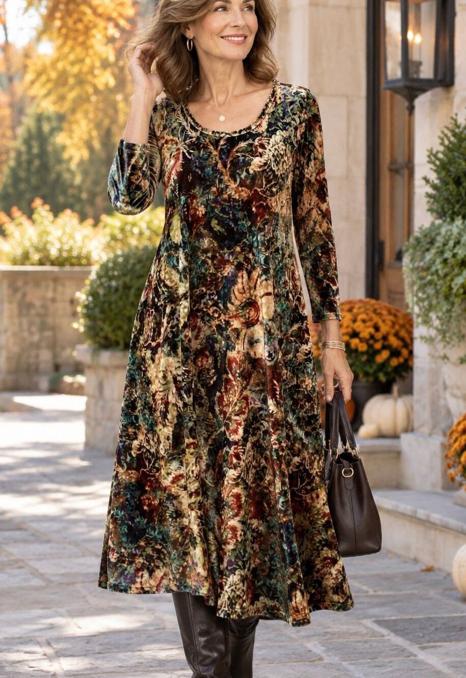 Soft Surroundings PL Floral Stretch Velvet A-Line Midi Dress Petite Large